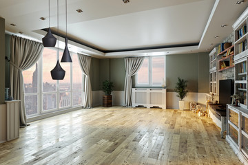 empty interior design living room. balcony with large windows. Scandinavian style. TV unit and library. 3D illustration