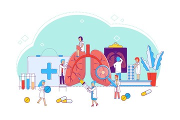 Line lung disease study and treatment, concept vector illustration. Doctors and nurses around enlarged lungs, look at organ state, listen through stethoscope for breathing. Doctor analyzes x-ray.