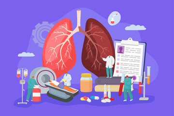 Lung cancer screening illness in hospital, concept vector illustration. Doctor perform MRI, patient lie in device. Physician examine large infected lung, nurse undergoes blood test in flask.