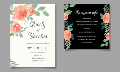 Fototapeta na wymiar Wedding invitation card set template with floral and leaves watercolor