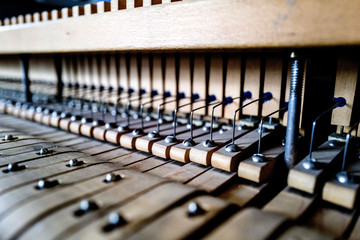 The inner workings of a Piano, Hammers, Wood, Mechanics.