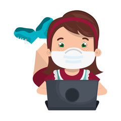 girl using face mask with laptop studying online vector illustration design