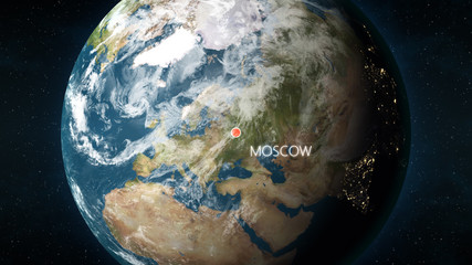Naklejka premium 3D illustration depicting the location of Moscow, capital of Russia, on a globe seen from space.