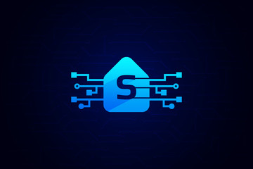 Modern Technology Connection Logo with Letter S and house shape. Letter S Logo Design template with Blue Background.