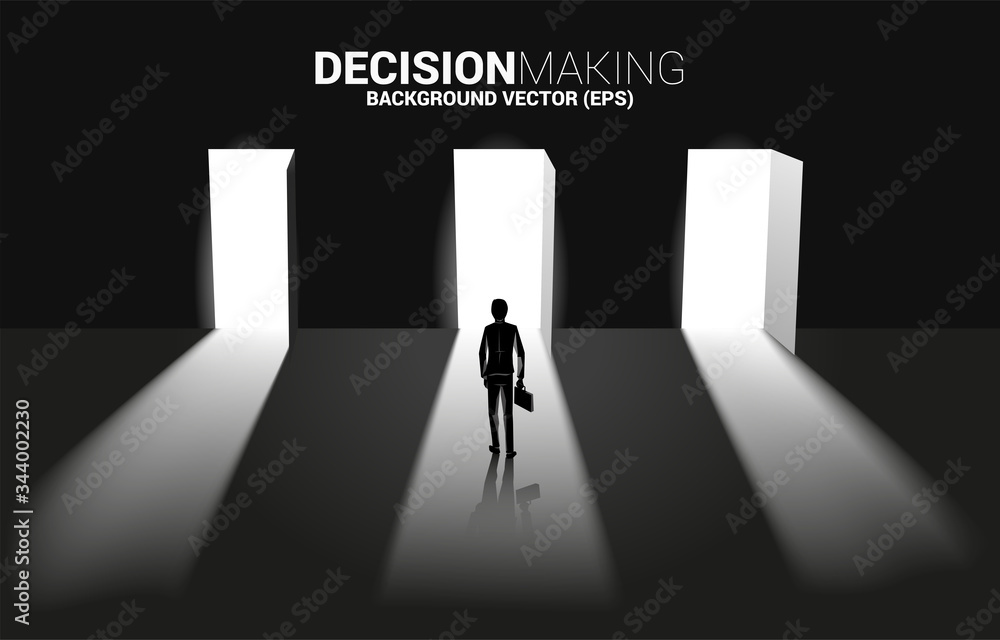 Poster time to make decision in business direction. silhouette of businessman standing to select door to en