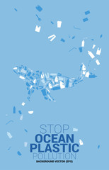 vector3006Whale shaped from plastic package and product icon. background for Ocean plastic pollution.Take care and save the environment. Say no to plastic