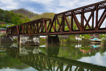Rail road steel bridge over the Gauley river in Gauley Bridge WV, USA.