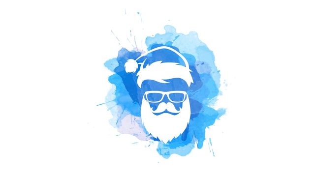 white stencil of a cool summer beach santa claus wearing sunglasses over blue watercolor stains
