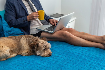 Man working on his bed with his laptop next to his dog