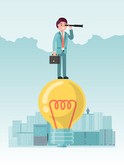 New horizons in business, concept idea for development enterprise opportunities in future, design, flat style vector illustration. Businessman in city stands on light bulb and looks through telescope.