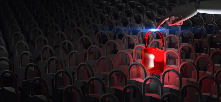 Cyborg hand protection Privacy server from hacker.Data security protection interface used by robot.Cyber Digital security,Smart system and web security Data Business Technology concept.3D rendering