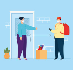 worker using face mask delivering package vector illustration design