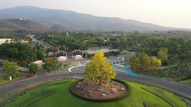 Aerial view formal garden in Royal Park Ratchaphruek at Chaingmai, Thailand.
