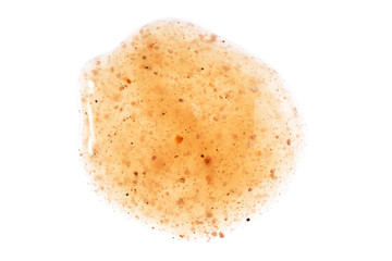 Scrub sample swatch smear drop isolated on white. Peach peeling texture. Body and face cosmetic swipe. Macro skincare products. Facial treatment. Skin care spa beauty concept. Top view, frome above.