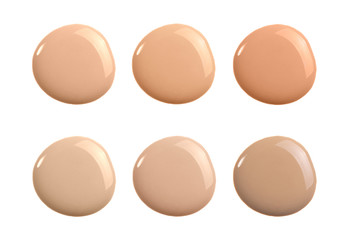 Liquid concealer cream smear smudge swatch drop isolated. Make up foundation shades sample round shape for beauty catalog. Nude cosmetic BB cream liquid foundation moisturizer. Beige powder concealer