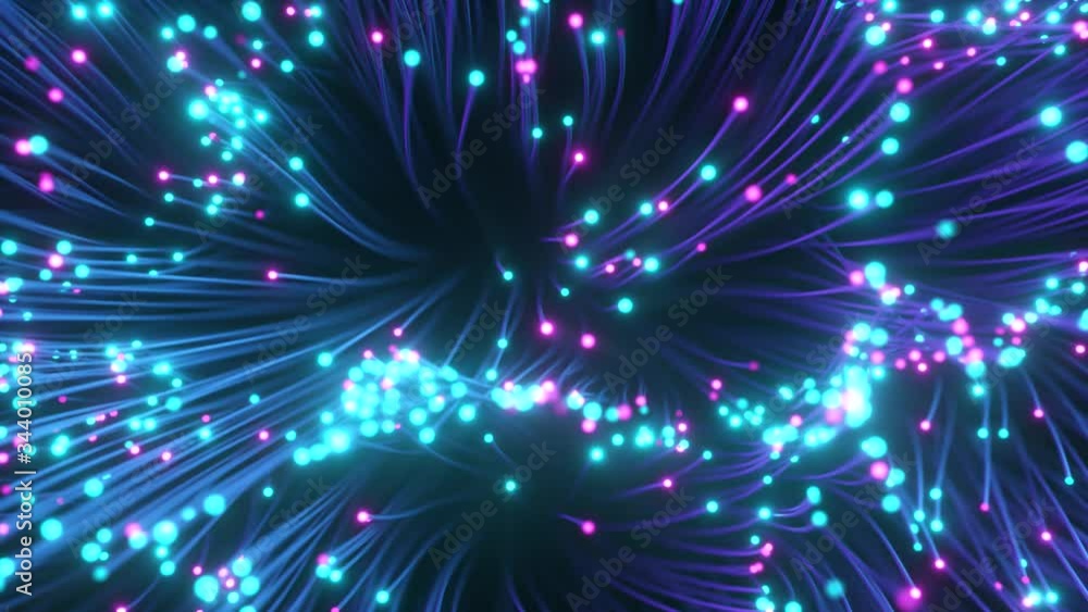 Poster fiber optic wires with flashing signals. digital data transmission via fiber optic cable. top view o