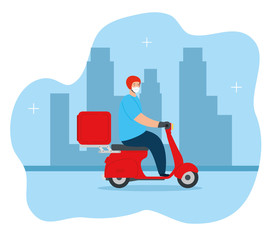 delivery worker using face mask in motorcycle vector illustration design