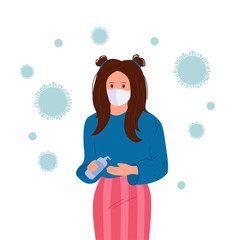 Young student girl wearing protective Medical mask for prevent virus Covid. Uses an antiseptic, stop pandemic cartoon. Save the health, stay home, wearing a surgical mask. Vector illustration