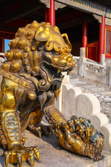 Fototapeta premium Lion sculptures at Qianqingmen gate - The Gate of Heavenly Purity in the Forbidden City, Beijing, China