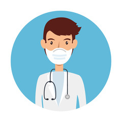 doctor using face mask with stethoscope in frame circular vector illustration design
