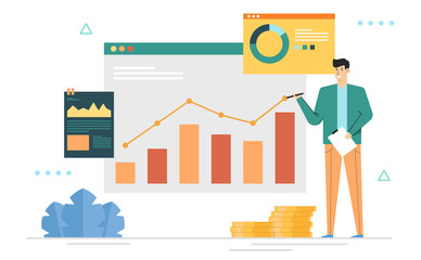 Checking information on the website,Employees are analyzing marketing data,Report data with graph and chart,Vector illustration banner background website landing page