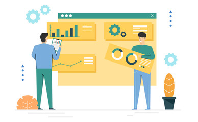 Team work within the company,Employees are helping to analyze the marketing data,Checking information on the website,Report data with graph,Banner background website landing page