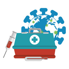 world planet with particles covid 19 and first aid kit vector illustration design