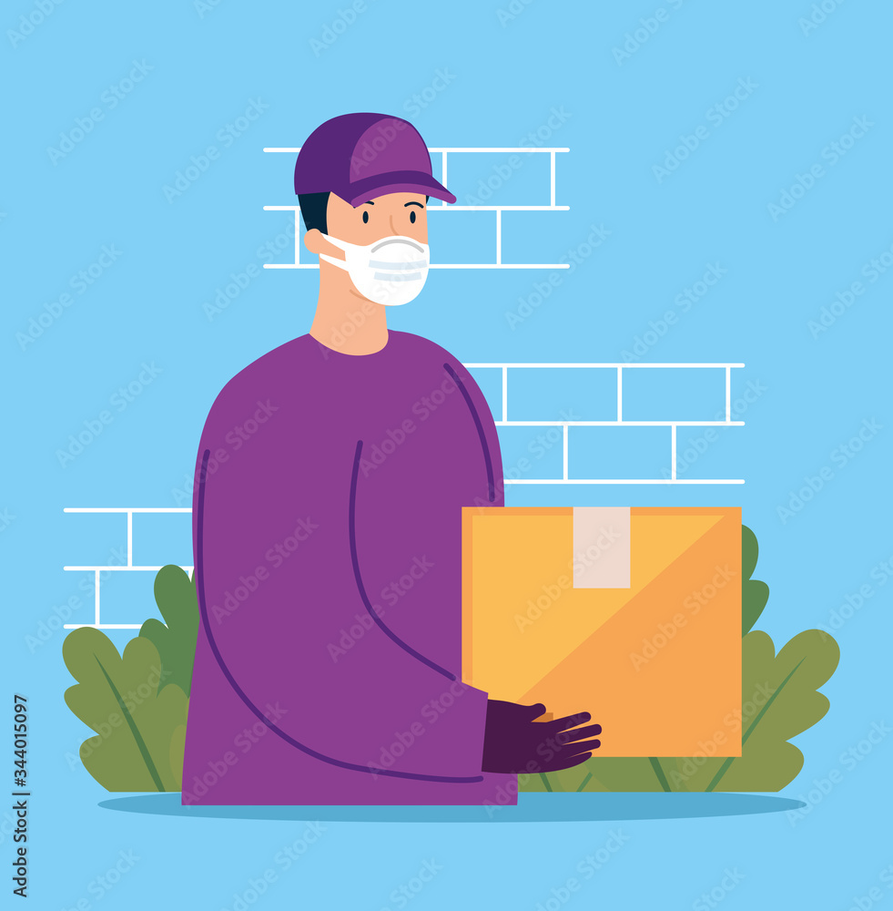 Poster delivery worker using face mask with box package vector illustration design