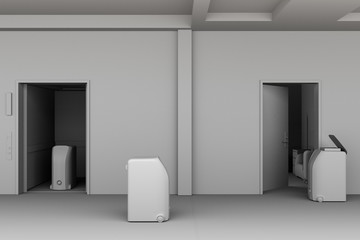 Clay rendering of delivery robots working in hotel. Touchless delivery concept. 3D rendering image.