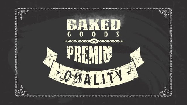 Spring And Scaling Motion Of Toasted Goods Bakehouse Products Design With Several Types Of Tattered Out Retro Texture Writing Drawn With White Chalk On A Washed Black Blackboard