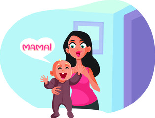 Baby Taking First Steps Saying Mama Vector Illustration