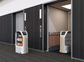 Delivery robot in elevator, another one carry food moving in the hall. Touchless delivery concept. 3D rendering image.