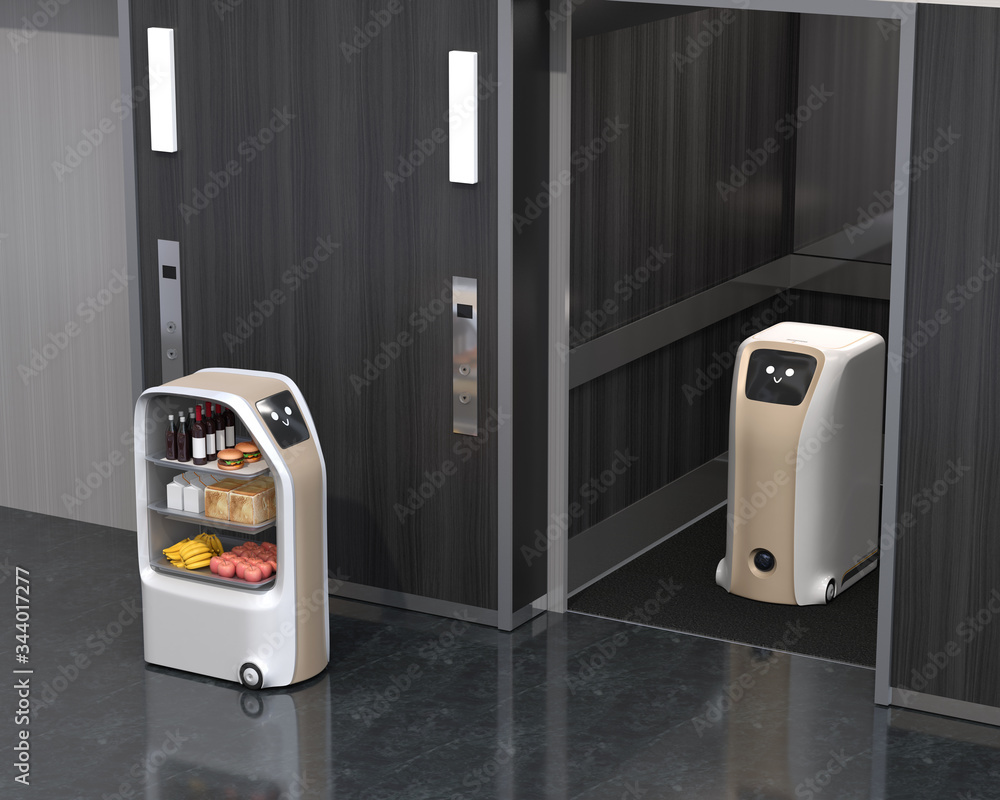 Poster delivery robot in elevator, another one carry food moving in the hall. touchless delivery concept. 3