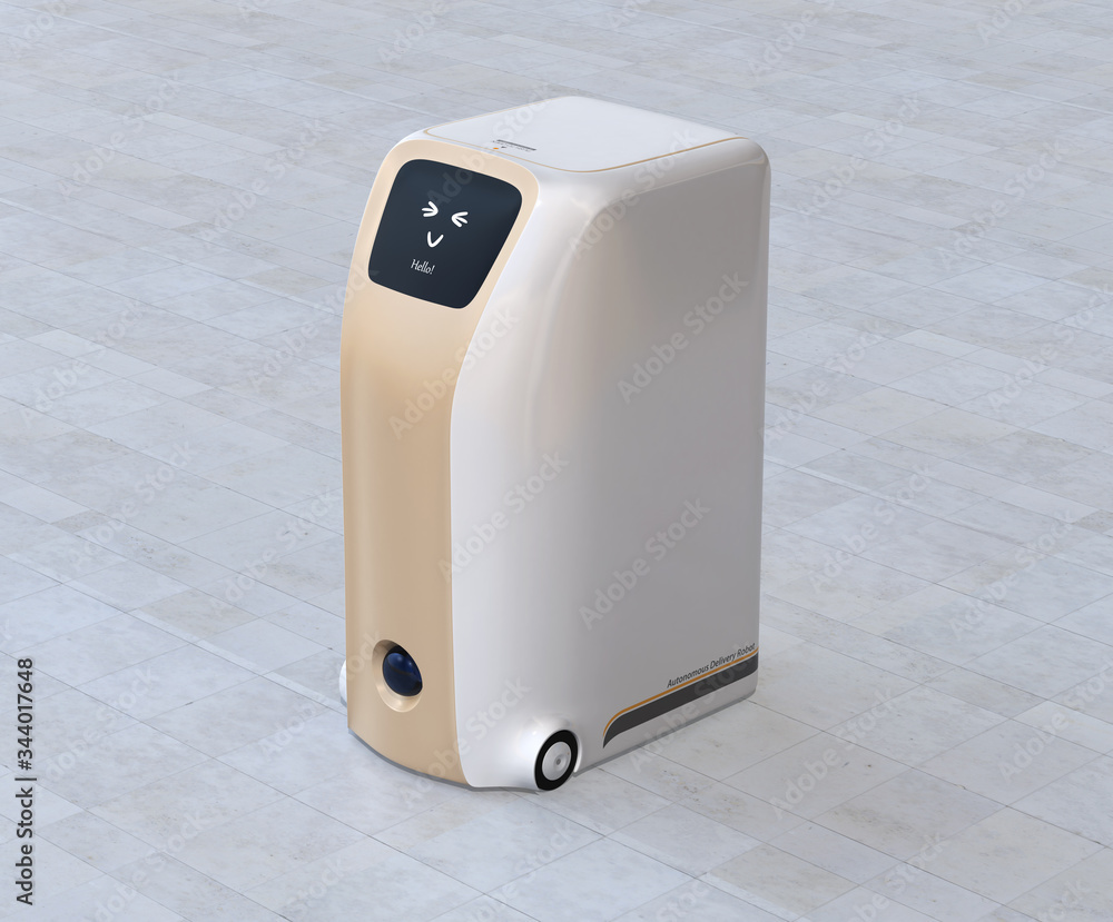 Poster delivery robot with cute smile icon on touch screen. 3d rendering image. original design.