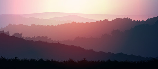 Natural forest mountains horizon hills silhouettes of trees. Evening Sunrise and sunset. Landscape wallpaper. Illustration vector style. Colorful view background.