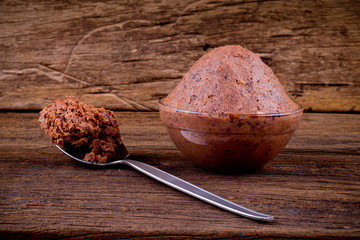 shrimp paste on old wood is popular ingredient in south of thailand
