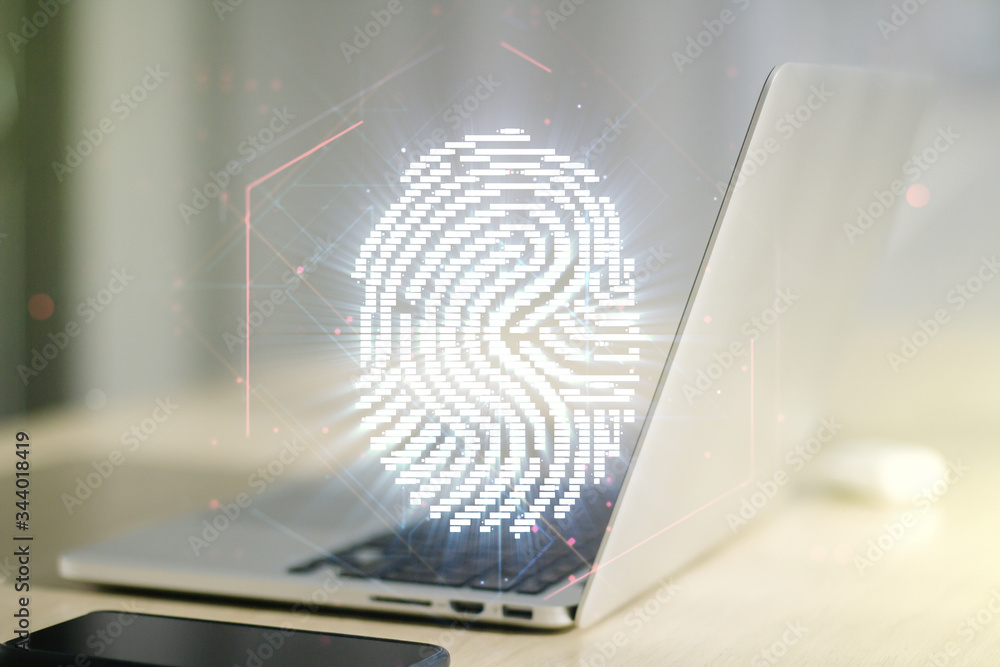 Poster Double exposure of abstract creative fingerprint hologram on computer background, protection of personal information concept