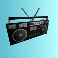 Old beautiful retro hipster music audio tape recorder and cassette from the 70s, 80s, 90s on a blue background