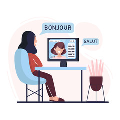 Woman is learning French at home. Digital course. Online education. Online language courses. Language practice. Lettering SALUT, BONJOUR. Vector illustration. Flat.  © Yulia