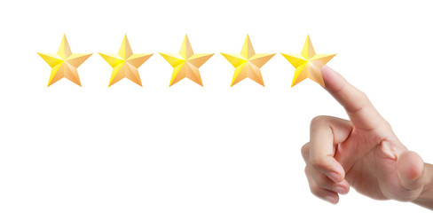 Hand of touching rise on increasing five stars. Increase rating evaluation classification concept