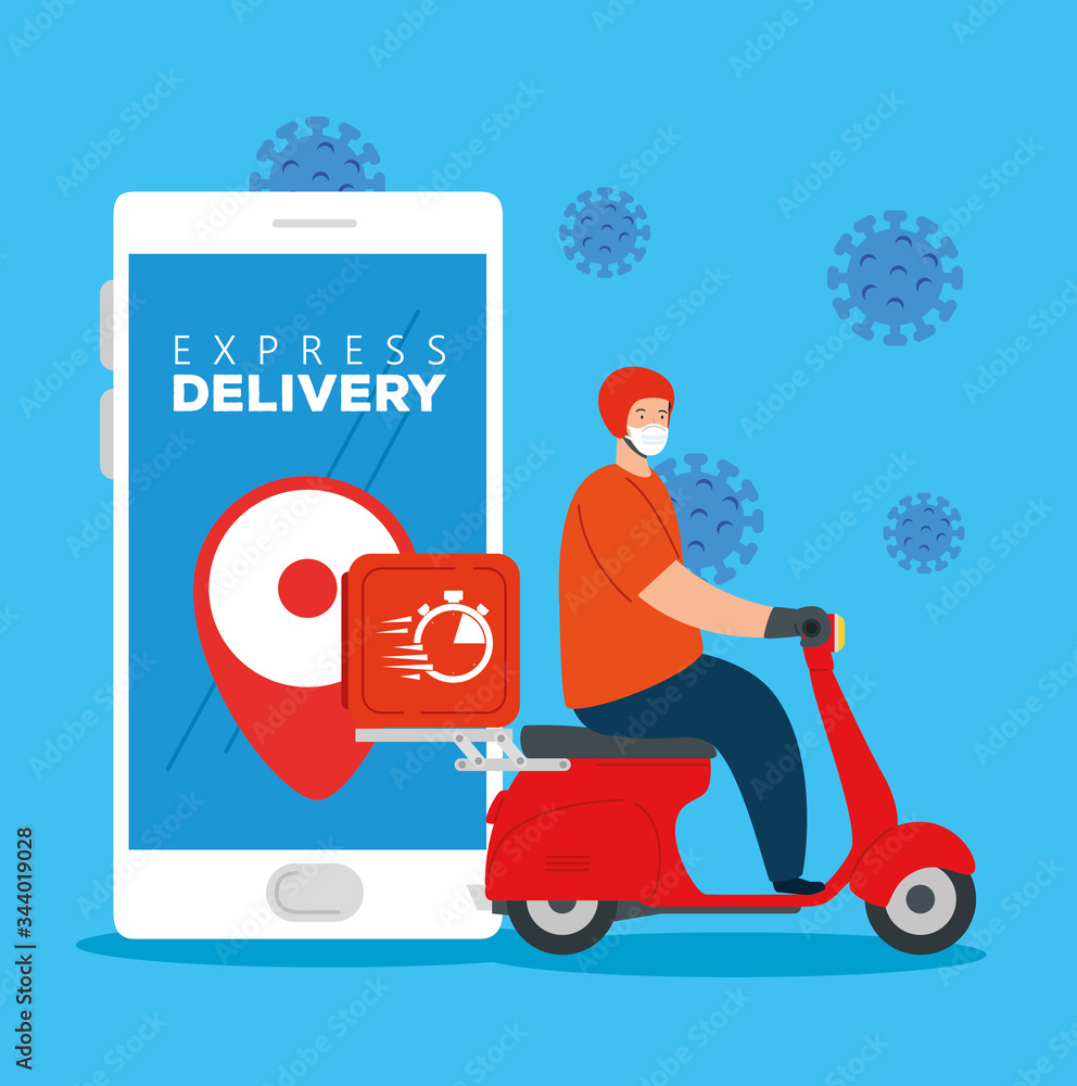Poster smartphone with app express delivery and worker using face mask vector illustration design