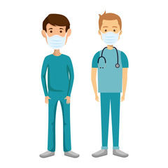 group men paramedics using face mask isolated icons vector illustration design