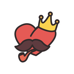 Heart with mustache crown and pipe flat style icon vector design