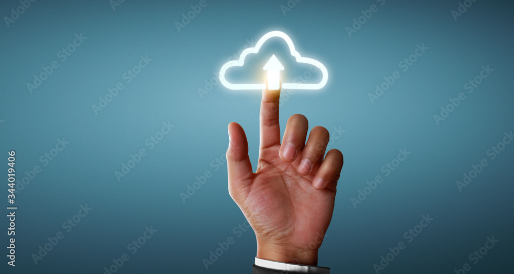 Fototapete hands touching button screen interface global connection customer networking
