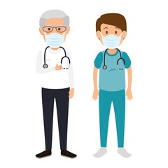 old doctor male with paramedic using face mask vector illustration design