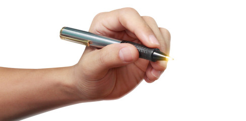 Hand with pen on  white background
