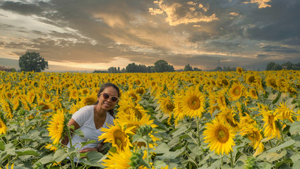 Woman standing in field surrounded by sunflowers at sunset © David