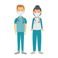 Obraz premium couple paramedics using face mask isolated icon vector illustration design