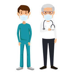 old doctor male with paramedic using face mask vector illustration design