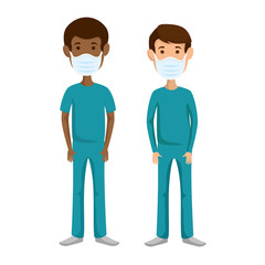 group men paramedics using face mask isolated icons vector illustration design